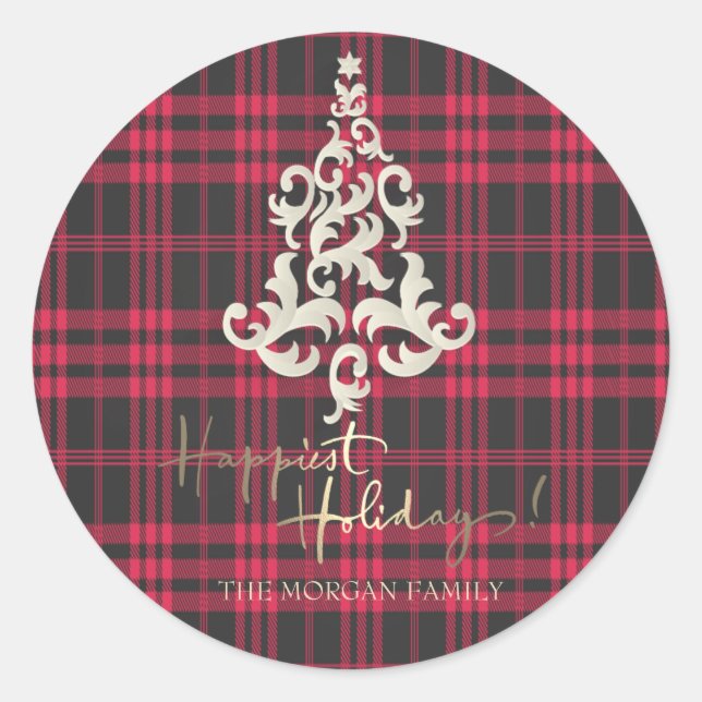 Sticker Rond Red Buffalo Plaid Christmas Tree Joyeuses Vacances (Devant)