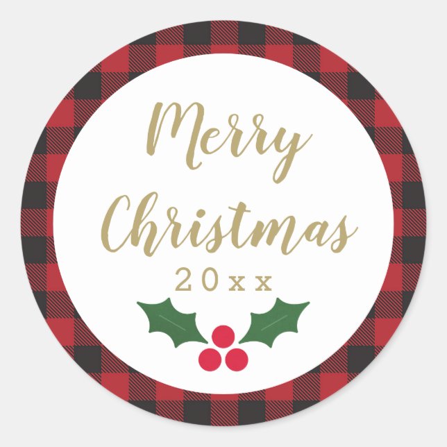 Sticker Rond Red Buffalo Plaid Gold Joyeux Noël 2021 (Devant)