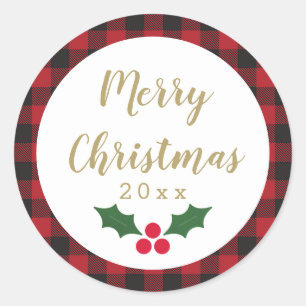 Sticker Rond Red Buffalo Plaid Gold Joyeux Noël 2021