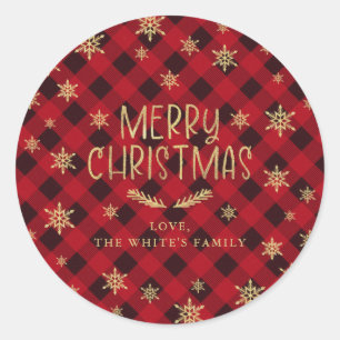 Sticker Rond Red Buffalo Plaid Gold Snowflake Joyeux Noël
