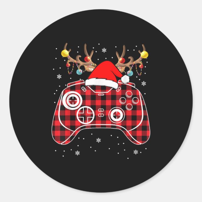 Sticker Rond Red Buffalo Plaid Joueur de Noël Jeu Vidéo Jeu Noë (Devant)