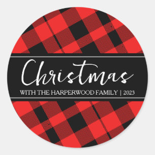 Sticker Rond Red Buffalo Plaid Minimaliste Noël Nom de famille