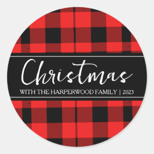 Sticker Rond Red Buffalo Plaid Minimaliste Noël Nom de famille