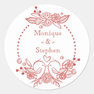 Sticker Rond Red Burgundy LoveBirds Floral Nom personnalisé