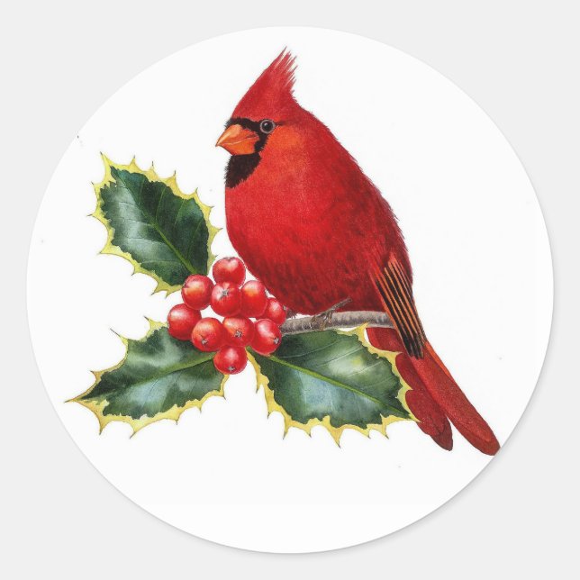 Sticker Rond Red Cardinal Bird et Holly Berry Noël (Devant)