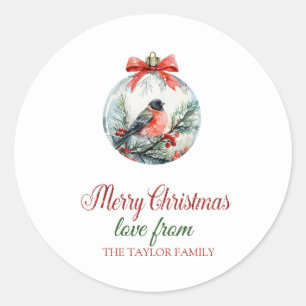 Sticker Rond Red Cardinal Bird Holly Berry Ball Noël