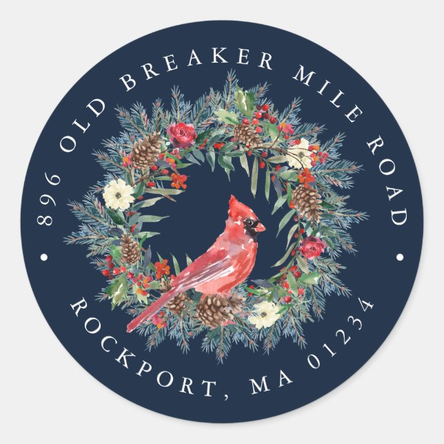 Sticker Rond Red Cardinal Wreath Christmas Return Adresse Label (Devant)