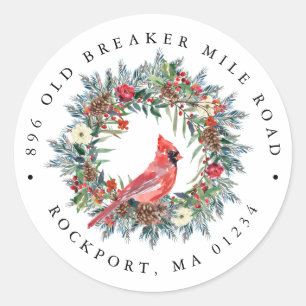 Sticker Rond Red Cardinal Wreath Christmas Return Adresse Label