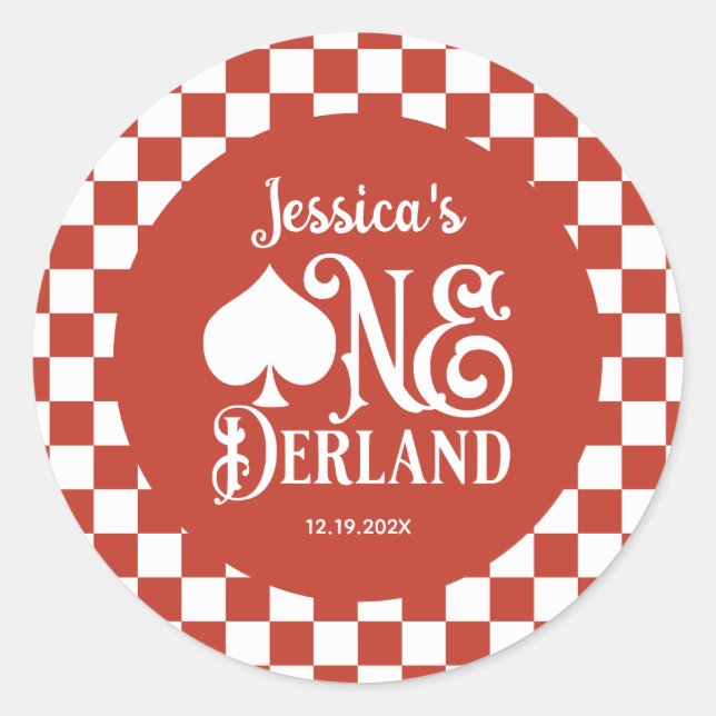 Sticker Rond Red Checkered Alice in ONEderland 1st Birthday (Devant)