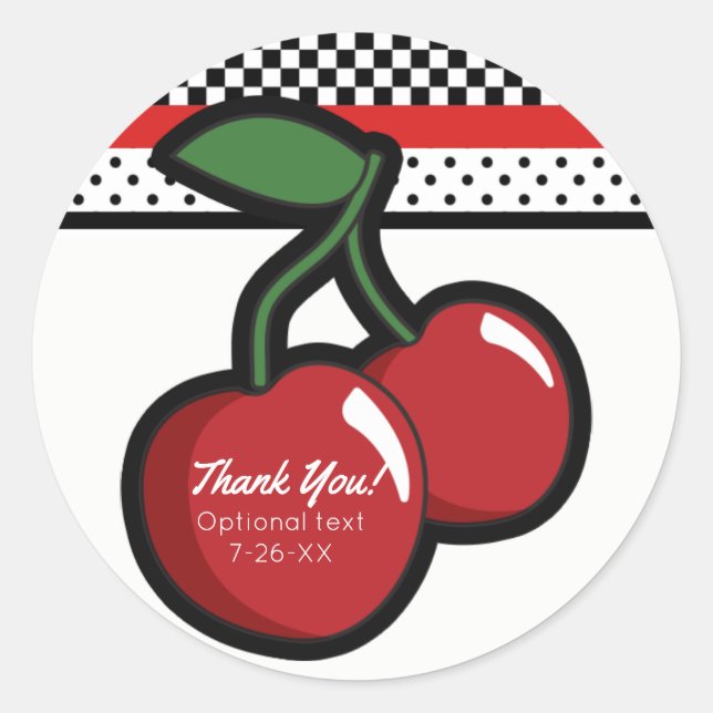 Sticker Rond Red Cherries Black Custom Retro Party Favoriser (Devant)