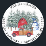 Sticker Rond Red Christmas Truck & Snowman Adresse de retour La<br><div class="desc">Red Christmas Truck & Snowman Adresse de retour Label.</div>