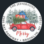 Sticker Rond Red Christmas Truck & Snowman Adresse de retour La<br><div class="desc">Red Christmas Truck & Snowman Adresse de retour Label.</div>