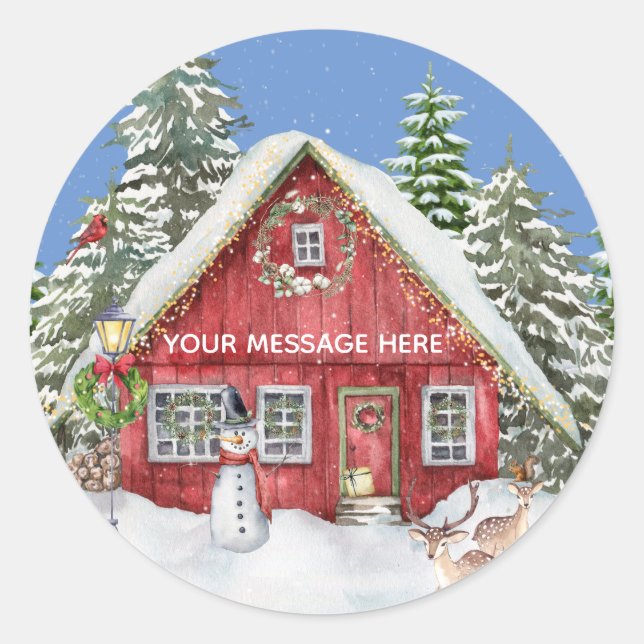 Sticker Rond Red Country House Snow Christmas Nom de la scène d (Devant)