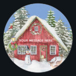 Sticker Rond Red Country House Snow Christmas Nom de la scène d<br><div class="desc">La scène de Noël parfaite — chute de neige; arbres enneigés; maison décorée de lumières; bonhomme de neige devant; cerf devant. Pour vous-même ou très spécial comme cadeau. Personnalisez le message comme vous le souhaitez. Pour toute question ou problème de conception, envoyez un courriel à charmdesignstudio@rcn.com et nous serons ravis...</div>