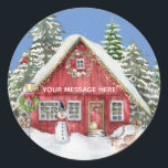 Sticker Rond Red Country House Snow Christmas Nom de la scène d<br><div class="desc">La scène de Noël parfaite — chute de neige; arbres enneigés; maison décorée de lumières; bonhomme de neige devant; cerf devant. Pour vous-même ou très spécial comme cadeau. Personnalisez le message comme vous le souhaitez. Pour toute question ou problème de conception, envoyez un courriel à charmdesignstudio@rcn.com et nous serons ravis...</div>