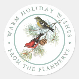 Sticker Rond Red Crossbill Bird Pine Holiday Personnalisé