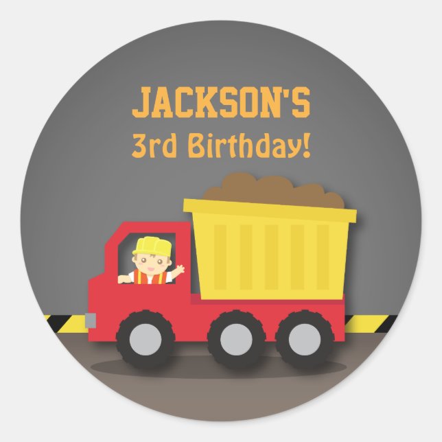 Sticker Rond Red Dump Truck Boy Construction fête d'anniversair (Devant)