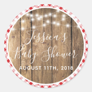 Sticker Rond Red En vichy Vérifier Plaid Rustic Wood Event Show