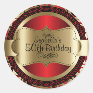 Sticker Rond Red et Gold Swirl Anniversaire Abstrait