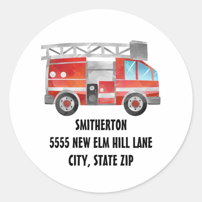 Sticker Rond Red Firetruck White Child's Birthday Party Adresse (Devant)