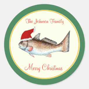 Sticker Rond Red fish Santa Hat Christmas Green