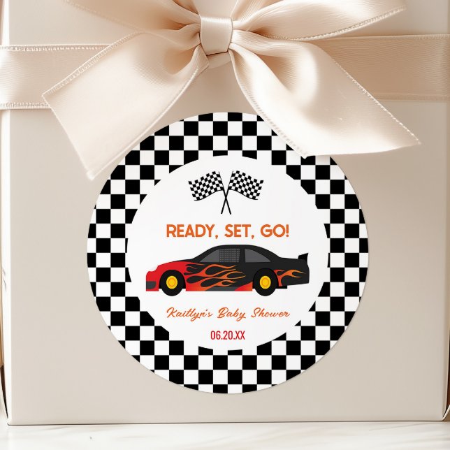 Sticker Rond Red Flame Race Car Ready Set Go Baby shower Favori (Créateur téléchargé)