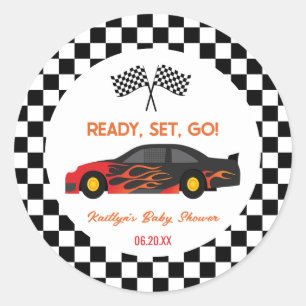 Sticker Rond Red Flame Race Car Ready Set Go Baby shower Favori
