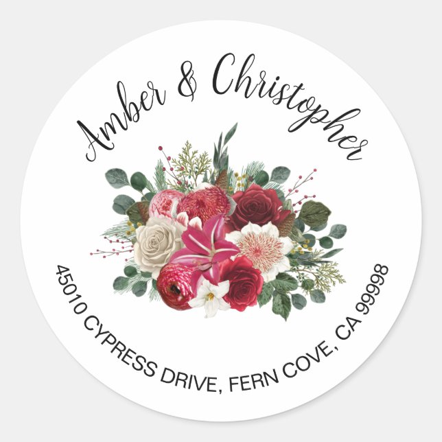 Sticker Rond Red Floral Winter Wedding Adresse Enveloppe Sceau (Devant)