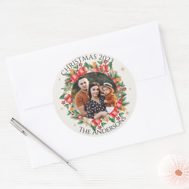 Sticker Rond Red Florals Family Photo Joyeux Noël (Enveloppe)
