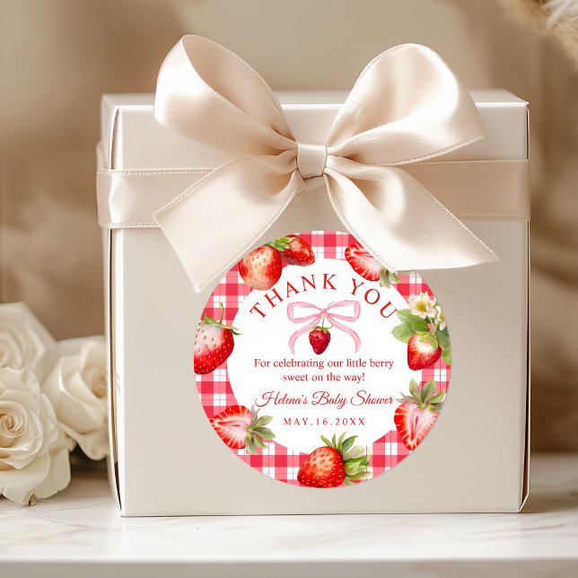 Sticker Rond Red Gingham Strawberries Baby Shower Thank You (Red Gihgham Strawberry Baby Shower Thank you stickers)