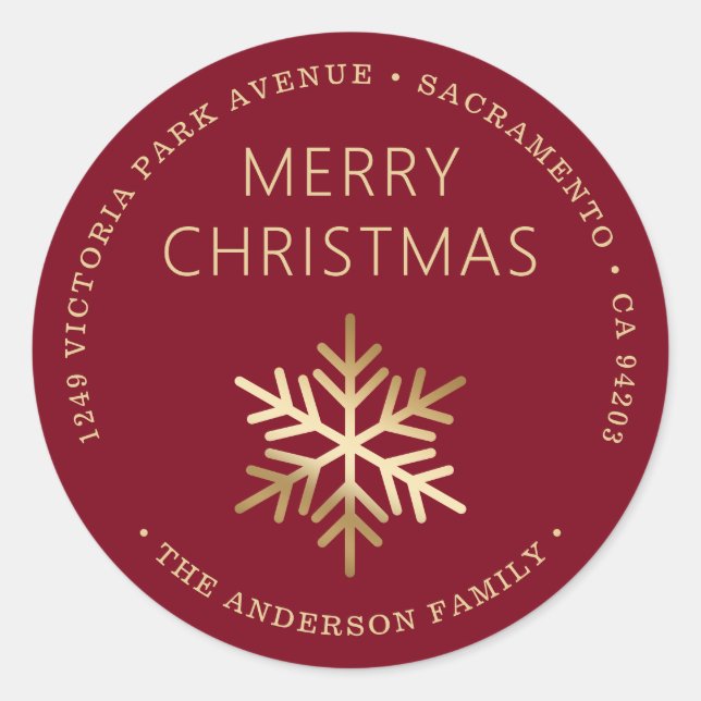 Sticker Rond Red Gold Christmas Snowflake Return Address (Devant)