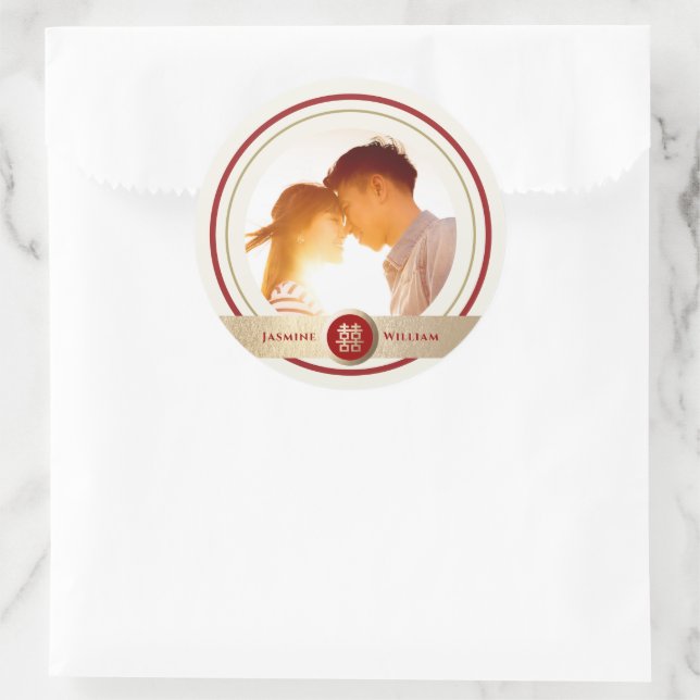 Sticker Rond Red & Gold Double Happiness Photo Mariage chinois (Sac)