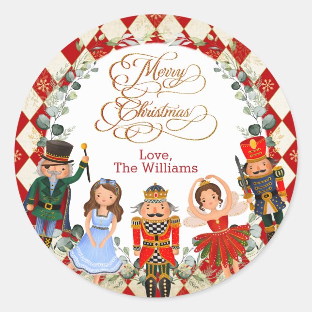 Sticker Rond Red Gold Nutcracker Joyeux Noël Party Faveurs (Devant)