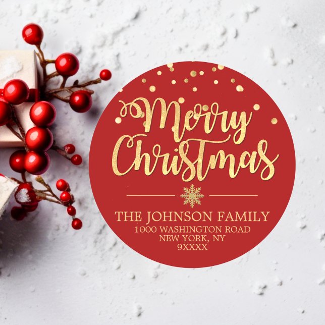 Sticker Rond RED Gold Parties scintillant Confetti Joyeux Noël  (RED Gold Glitter Confetti Merry Christmas Address Classic Round Sticker)