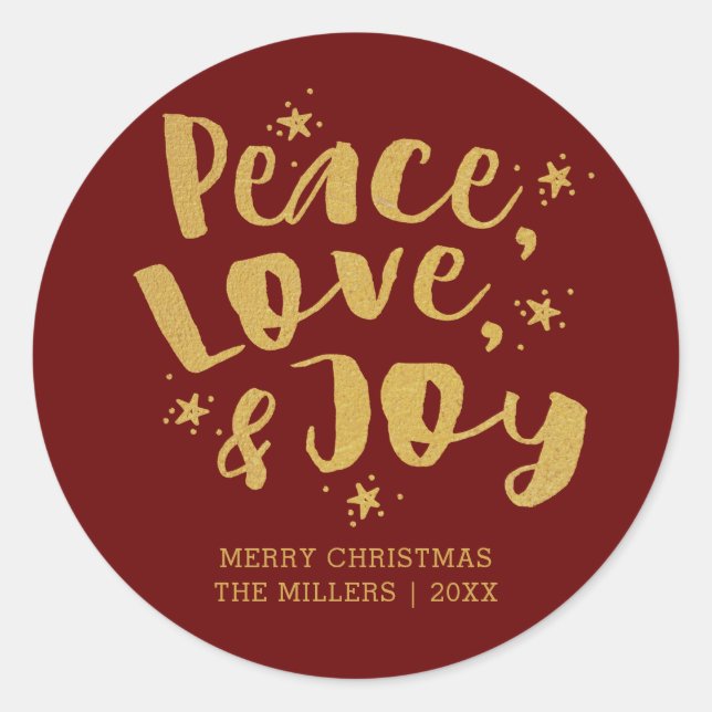 Sticker Rond Red Gold Peace Love & Joy Holiday Christmas (Devant)