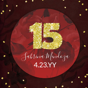 Sticker rond Red, Gold Quinceanera Gold #15