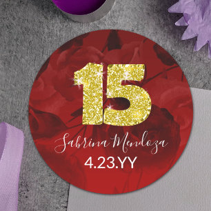 Sticker rond Red, Gold Quinceanera Gold #15