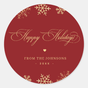 Sticker Rond Red & Gold Snowflakes Happy Holidays Nom personnal