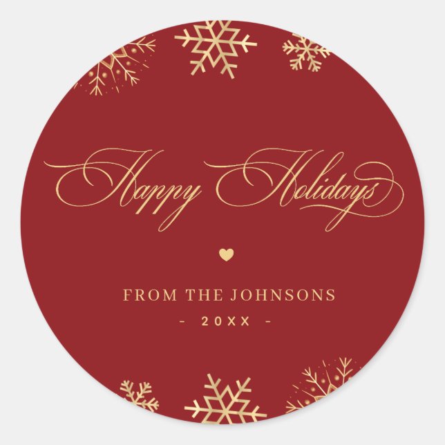 Sticker Rond Red & Gold Snowflakes Happy Holidays Nom personnal (Devant)