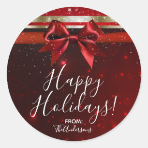 Sticker Rond Red & Gold Sparkle Chic Bow Elegant Holiday Favori