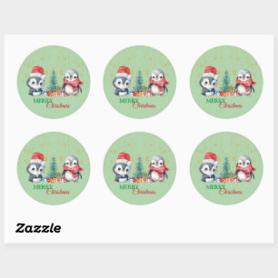 Sticker Rond Red Green Penguin Père Noël Joyeux Noël Party