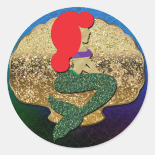 Sticker Rond Red Haired Mermaid Golden Seashell Party Favoriser