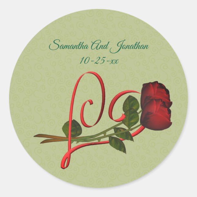 Sticker Rond Red Heart And Roses Personalized Wedding  (Devant)