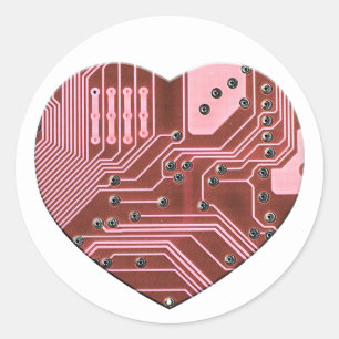 Sticker Rond Red Heart Circuit Board Valentines