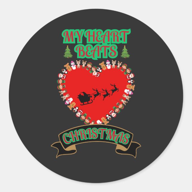 Sticker Rond Red Heart Père Noël Sleigh Reindeer Noël (Devant)