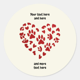 Sticker Rond Red Hearts & Paws, Pets, Dogs, Cats, Customizable