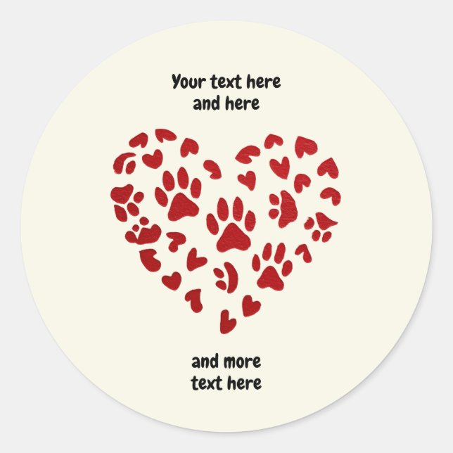 Sticker Rond Red Hearts & Paws, Pets, Dogs, Cats, Customizable (Devant)