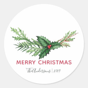 Sticker Rond Red Holly Bouquet Aquarelle Noël