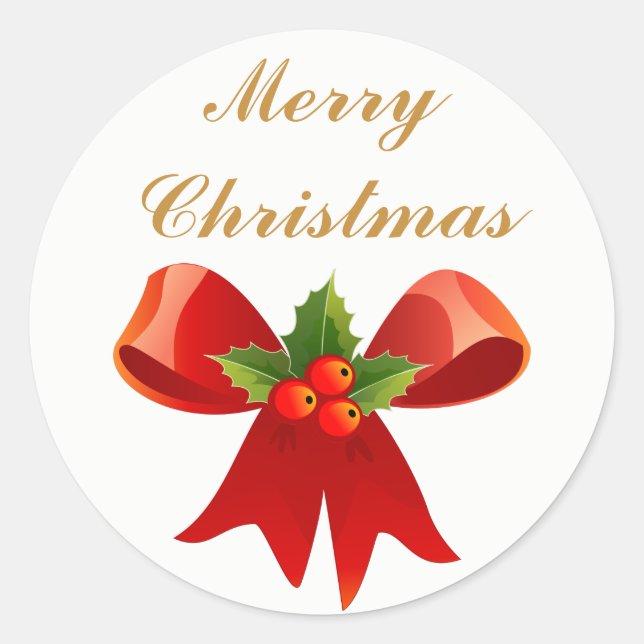 Sticker Rond Red Holly Bow Joyeux Noël ou Joyeuses Fêtes (Devant)