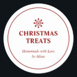 Sticker Rond Red Homemade Christmas Traitements Vacances Produi<br><div class="desc">Cette simple conception autocollante de vacances comprend un flocon de neige avec des textes personnalisés. Vous pouvez ajouter cet autocollant moderne à votre cadeau de Noël comestible,  des produits faits maison. D'autres modèles de vacances sont disponibles dans mon magasin BaraBomDesign.</div>